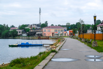 Fototapeta na wymiar Sebezh, Russia - May, 25, 2019: view of the walkway along the embankment in the city of Sebezh, Russia