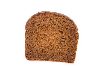 Single slice of wholemeal brown bread shot from above on white background.