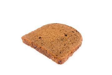 Single slice of wholemeal brown bread shot from above on white background.