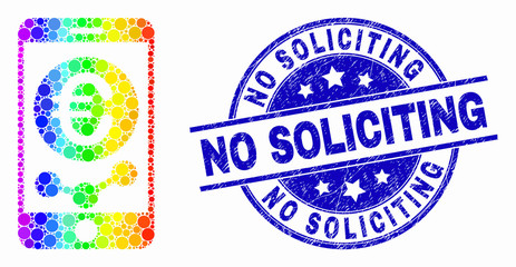 Dotted spectrum mobile euro chart mosaic icon and No Soliciting stamp. Blue vector round textured stamp with No Soliciting title. Vector collage in flat style.