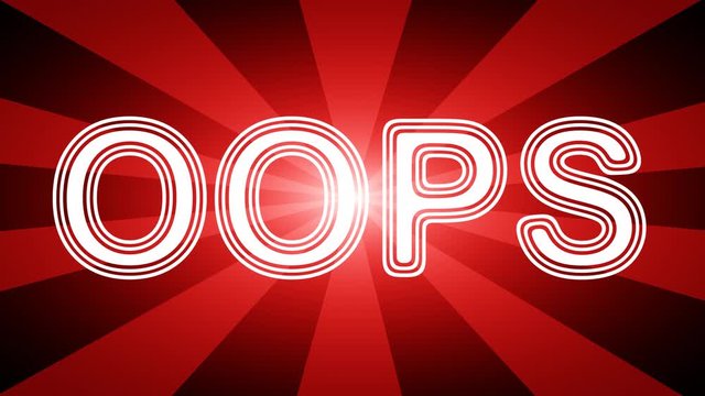 OOPS! icon in red abstract background with rays. Looping footage with Prores 4444 and 4K resolution.