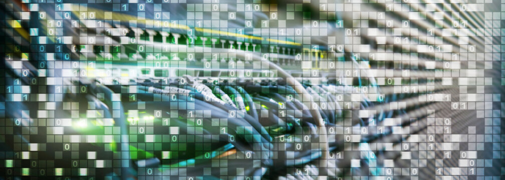 Binary code on datacenter background. Cyber space concept. UniqueTechnology Wallpaper