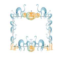 Halloween frame angry cat,pampkin,candles. Hand drawn watercolor pictures