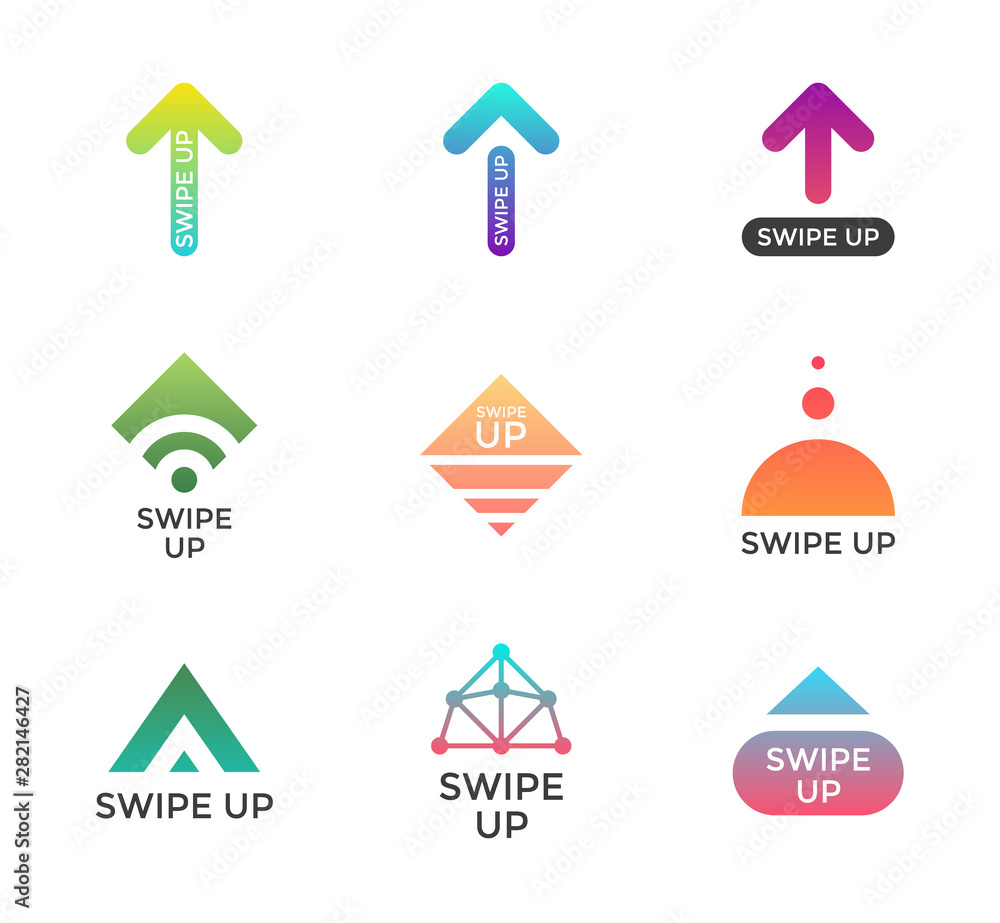 Poster swipe up top button icon set. application and social network scroll arrow pictogram for stories desi
