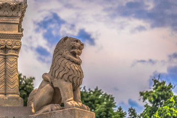 Fototapeta premium Budapest - June 22, 2019: Lion statue in the Buda side of Budapest, Hungary