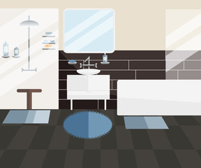 Vector Interior Design of Bathroom in Flat Style for Men. Clean Modern Men's Bathroom with Sink, Bath, Shower and Accessories. Home Related Scene with Objects - Bath, Shower Cabin, Mirror, Wash Basin
