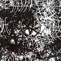 Grunge black white background. Seamless abstract texture of scratches, chipping, scuffs. Gloomy dirty vintage surface