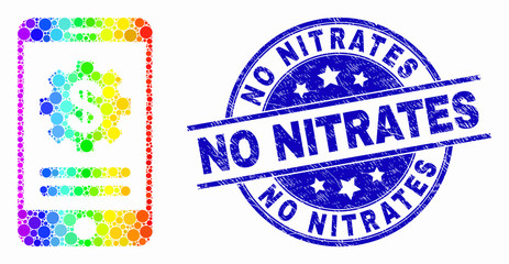 Pixelated rainbow gradiented mobile financial options mosaic icon and No Nitrates seal. Blue vector rounded distress seal stamp with No Nitrates caption. Vector combination in flat style.
