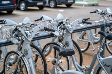 Fototapeta na wymiar Verona, Italy - July, 11, 2019: bicycle on a parking in Verona, Italy