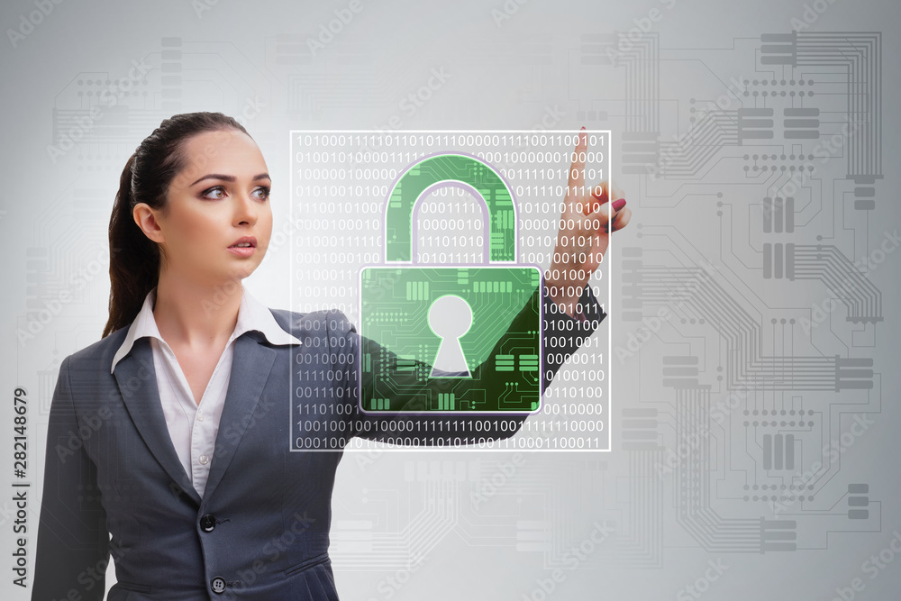 Poster man in digital security concept pressing button