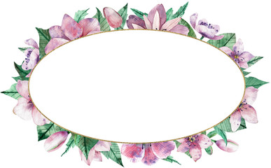 Watercolor pink floral oval frame with flowers and central white copy space for text. Decorative christmas rose.