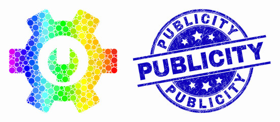 Pixel rainbow gradiented repair options mosaic icon and Publicity seal stamp. Blue vector rounded scratched seal stamp with Publicity text. Vector combination in flat style.