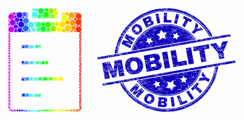 Pixel spectral text pad mosaic pictogram and Mobility seal. Blue vector rounded scratched seal with Mobility message. Vector collage in flat style.