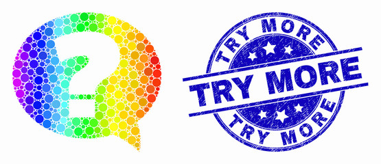 Dotted spectrum question mosaic icon and Try More seal stamp. Blue vector round textured stamp with Try More phrase. Vector composition in flat style.