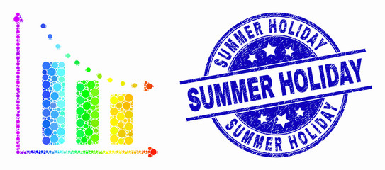 Pixel rainbow gradiented recession bar chart mosaic pictogram and Summer Holiday seal stamp. Blue vector rounded distress seal stamp with Summer Holiday caption. Vector composition in flat style.