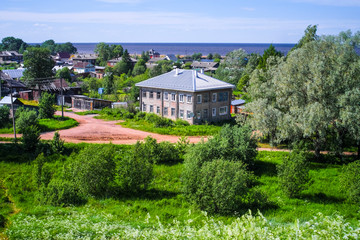 Fototapeta na wymiar Belozersk, Russia - June, 9, 2019: landscape with the image of old russian north town Belozersk