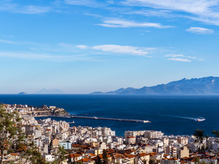 Overlook of the Kavala port and the Tassos island in the background