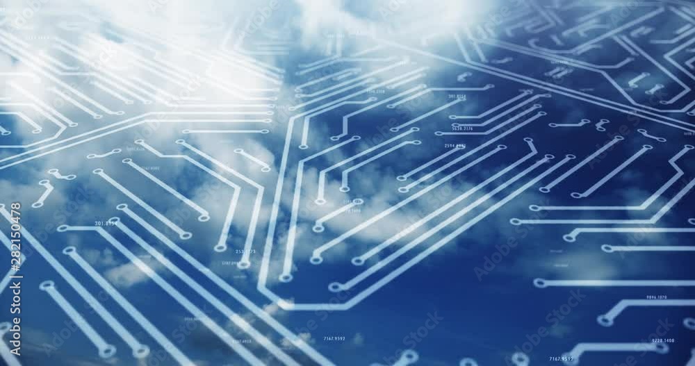 Poster abstract circuit board with clouds time lapse background.