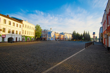 Fototapeta na wymiar Rybinsk, Russia - June, 9, 2019: landscape with the image of old russian town Rybinsk