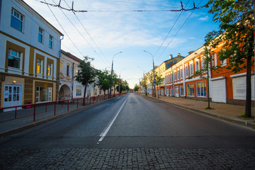 Rybinsk, Russia - June, 9, 2019: landscape with the image of old russian town Rybinsk
