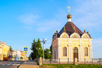 Rybinsk, Russia - June, 10, 2019: small church on Volga embankment in Rybinsk, Russia