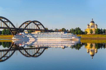 Rybinsk, Russia - June, 10, 2019: landscape with the image of a passenger ship on the Volga River, in the city of Rybinsk, Russia