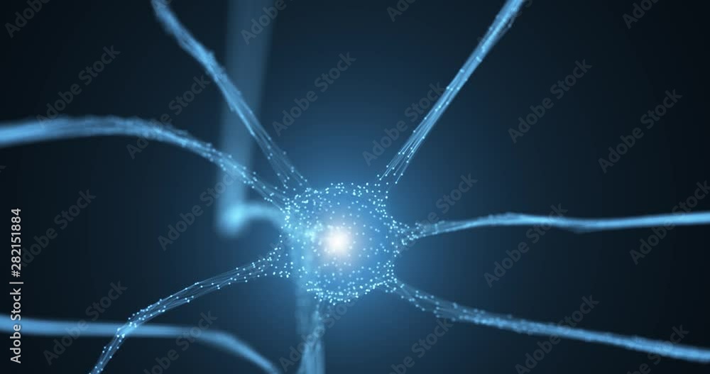 Poster 3d animated neuron cell with flashing light copy space background.