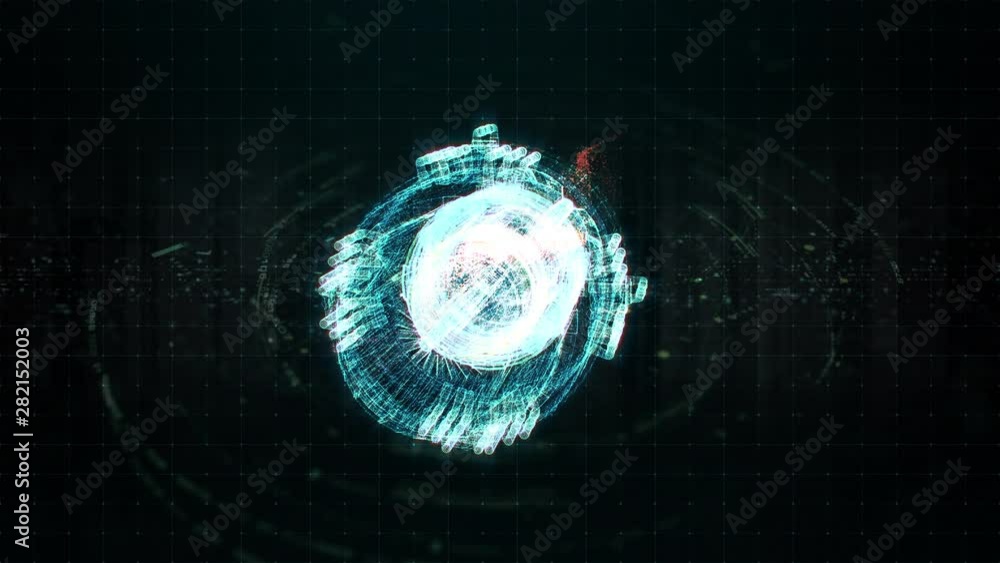 Poster Advance motion graphic futuristic user interface head up display screen with Holographic electromagnetic engine with gravitational fields energy particles wave and digital data telemetry information