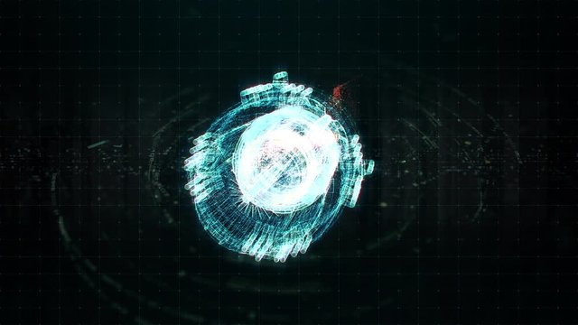 Advance motion graphic futuristic user interface head up display screen with Holographic electromagnetic engine with gravitational fields energy particles wave and digital data telemetry information