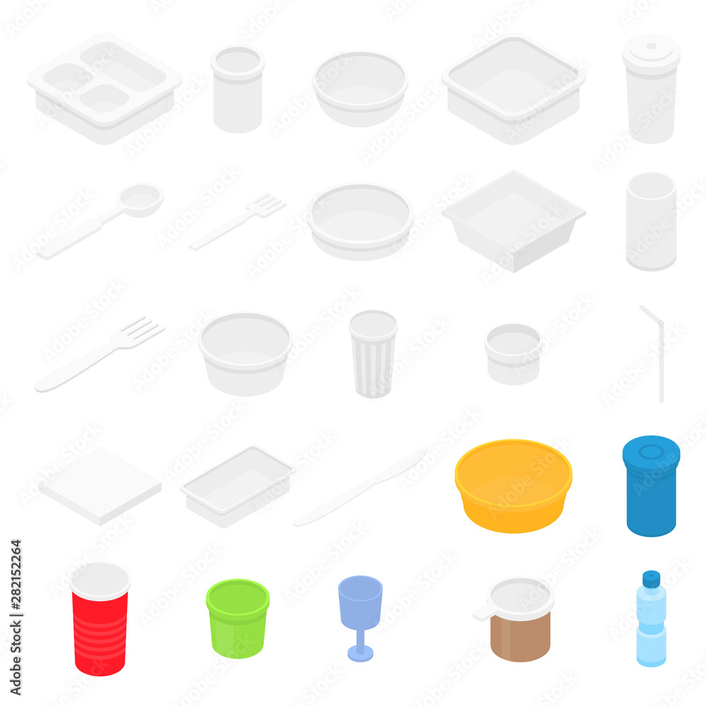 Aufkleber plastic tableware icons set. isometric set of plastic tableware vector icons for web design isolated