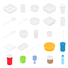 Obraz premium Plastic tableware icons set. Isometric set of plastic tableware vector icons for web design isolated on white background