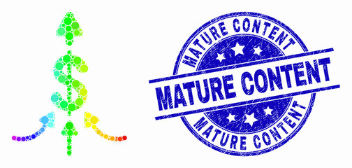 Dotted spectrum payment aggregator mosaic icon and Mature Content watermark. Blue vector round distress seal with Mature Content phrase. Vector combination in flat style.