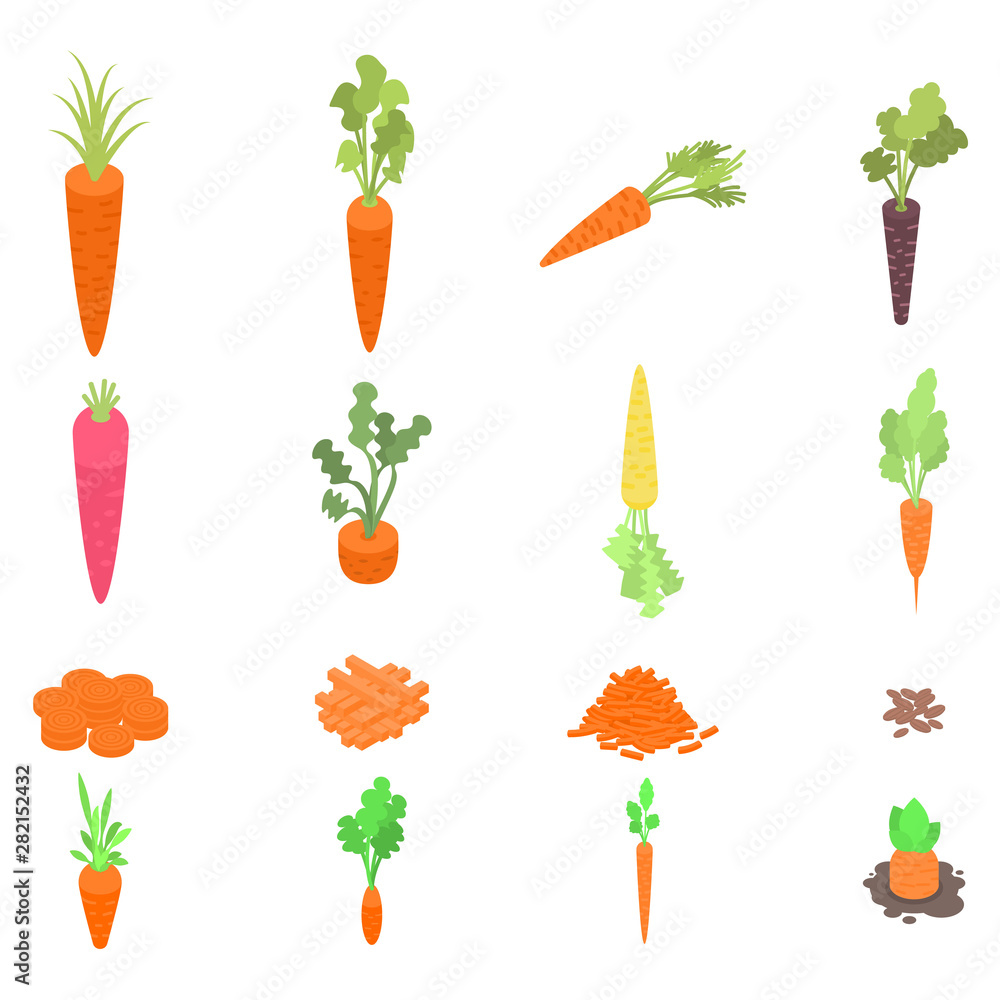 Poster carrot icons set. isometric set of carrot vector icons for web design isolated on white background