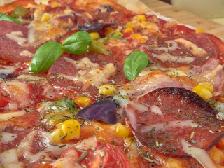 Pizza on thin dough.With slices of salami and ham ,olives and tomatoes.On a background of vegetables.