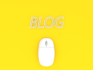 Computer mouse and the word blog on a yellow background. 3d render illustration.