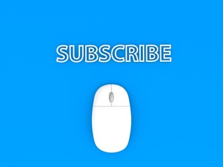 Subscribe and computer mouse on a blue background. 3d render illustration.