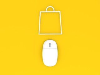 Shopping bag and computer mouse on a yellow background. 3d render illustration.