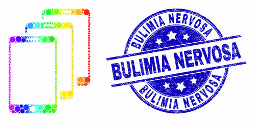 Pixel spectrum smartphones mosaic icon and Bulimia Nervosa seal. Blue vector rounded textured seal with Bulimia Nervosa caption. Vector combination in flat style.