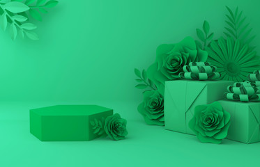 Display background for Cosmetic product presentation. Empty showcase,  3d flower paper illustration rendering.