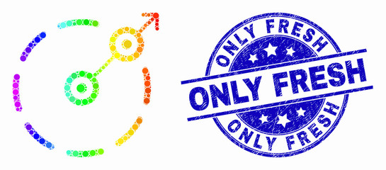 Dot bright spectral radial escape border mosaic icon and Only Fresh seal stamp. Blue vector round textured seal with Only Fresh title. Vector collage in flat style.