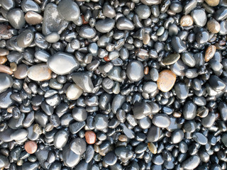 wet pebbles and rocks on the ocean coast.