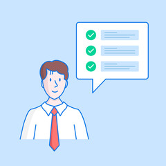 Checklist with green check marks. Happy man character and speech bubble with check list. Completed tasks, questionnaire, quality control concepts. Hand drawn style, line design. Vector illustration