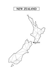 Polygonal abstract map of New Zealand with connected triangular shapes formed from lines. Capital of city - Wellington. Good poster for wall in your home. Decoration for room walls.