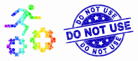 Dotted rainbow gradiented running patient on gears mosaic pictogram and Do Not Use seal stamp. Blue vector round grunge seal with Do Not Use text. Vector collage in flat style.