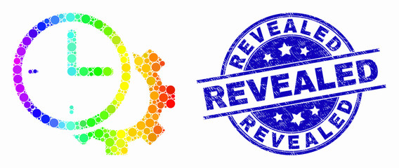 Dotted spectral time settings gear mosaic pictogram and Revealed stamp. Blue vector rounded textured seal stamp with Revealed message. Vector combination in flat style.