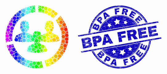 Pixelated bright spectral social pie chart mosaic icon and Bpa Free watermark. Blue vector rounded grunge seal stamp with Bpa Free phrase. Vector collage in flat style.
