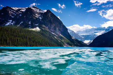 Remnant of ice over Lake Louise, Alberta, Canada