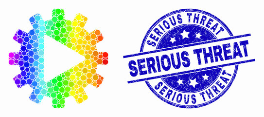 Pixelated rainbow gradiented start gear automation mosaic icon and Serious Threat seal stamp. Blue vector rounded scratched seal with Serious Threat title. Vector combination in flat style.