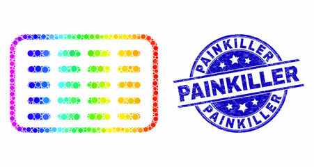 Pixel bright spectral pills blister mosaic pictogram and Painkiller watermark. Blue vector round distress seal stamp with Painkiller title. Vector collage in flat style.