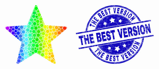 Dotted rainbow gradiented star mosaic icon and The Best Version seal stamp. Blue vector round grunge seal with The Best Version title. Vector combination in flat style.